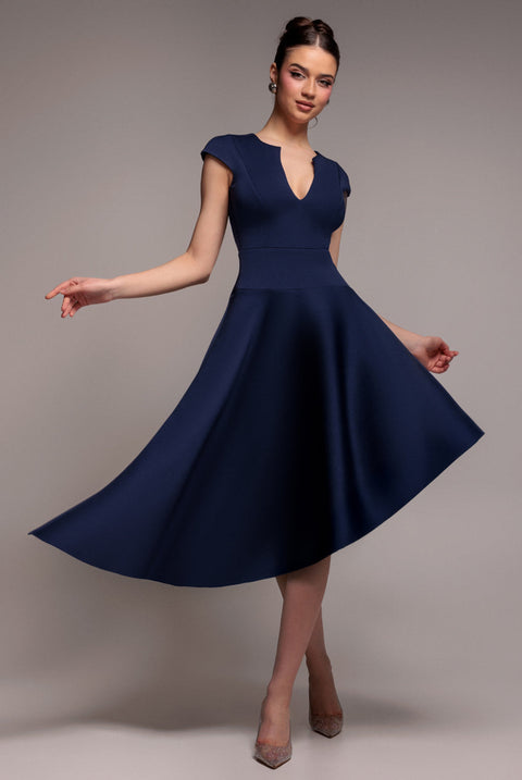 Goddiva Cap Sleeve Skater High Low Midi Dress - Navy Blue