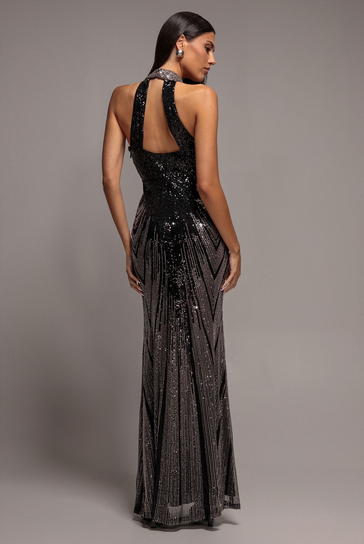 Goddiva Ombre Sequin Mosaic Halter Neck Maxi Dress - Black
