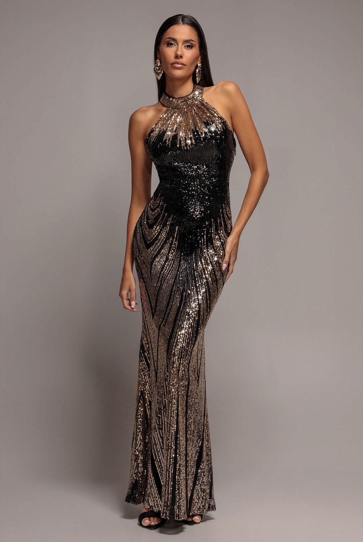 Goddiva Ombre Sequin Mosaic Halter Neck Maxi Dress - Gold