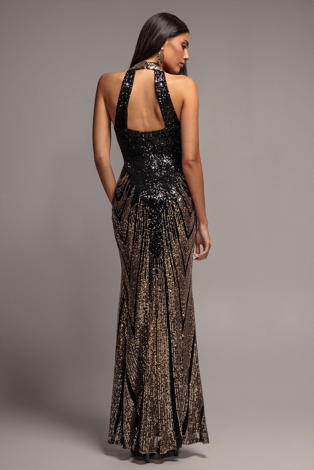 Goddiva Ombre Sequin Mosaic Halter Neck Maxi Dress - Gold