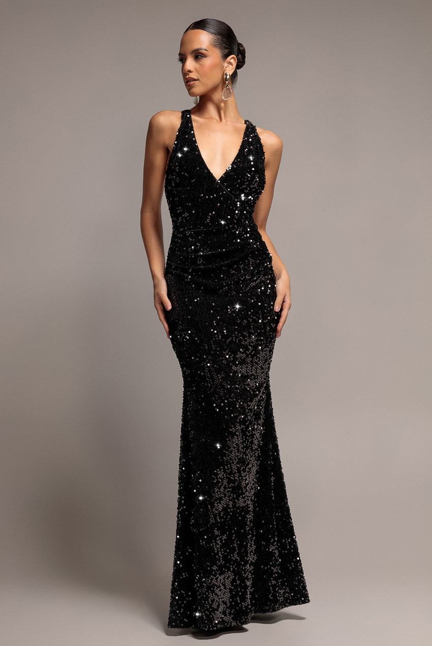 Goddiva Sequin & Velvet V Neck Cross Back Maxi Dress - Black