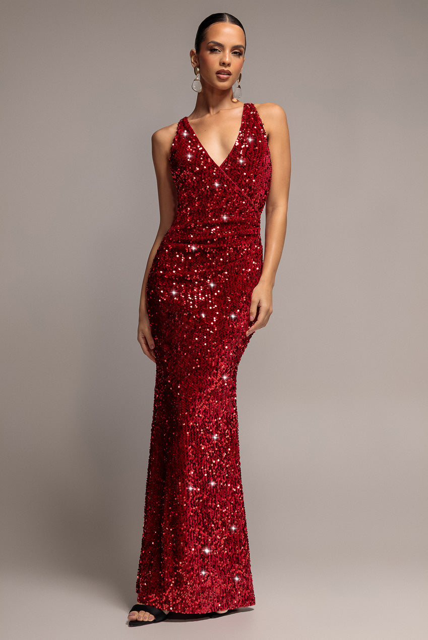 Goddiva Sequin & Velvet V Neck Cross Back Maxi Dress - Red