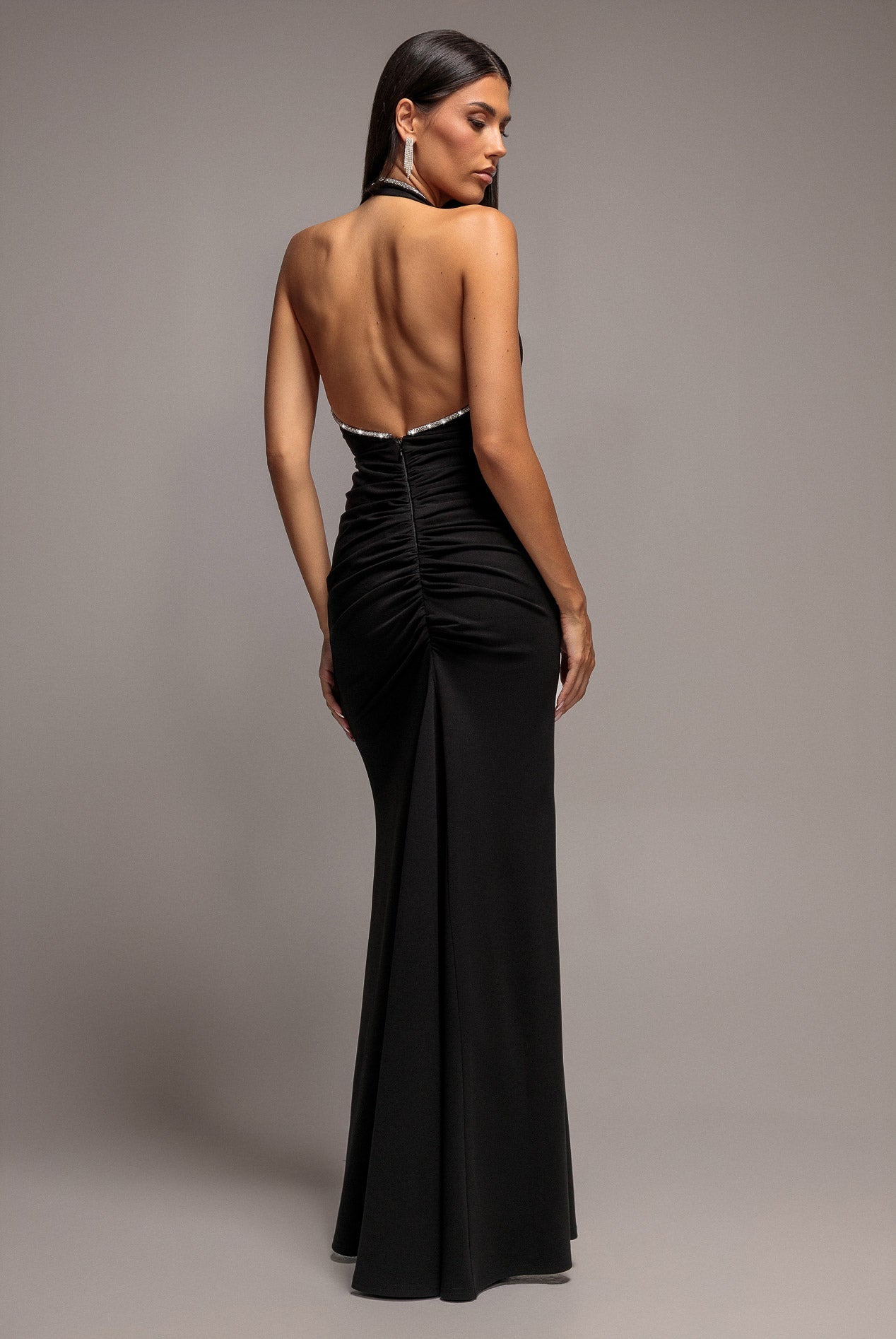 Goddiva Diamond Open Back Halter Neck Maxi Dress - Black