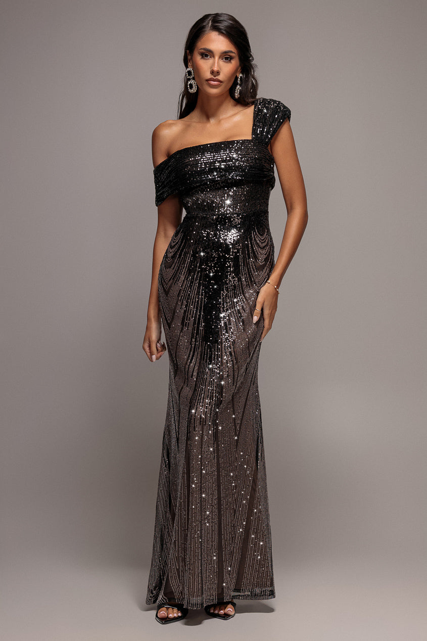 Goddiva Ombre Sequin One Shoulder Bardot Maxi Dress - Black