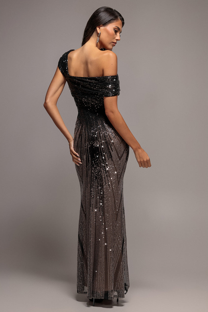 Goddiva Ombre Sequin One Shoulder Bardot Maxi Dress - Black
