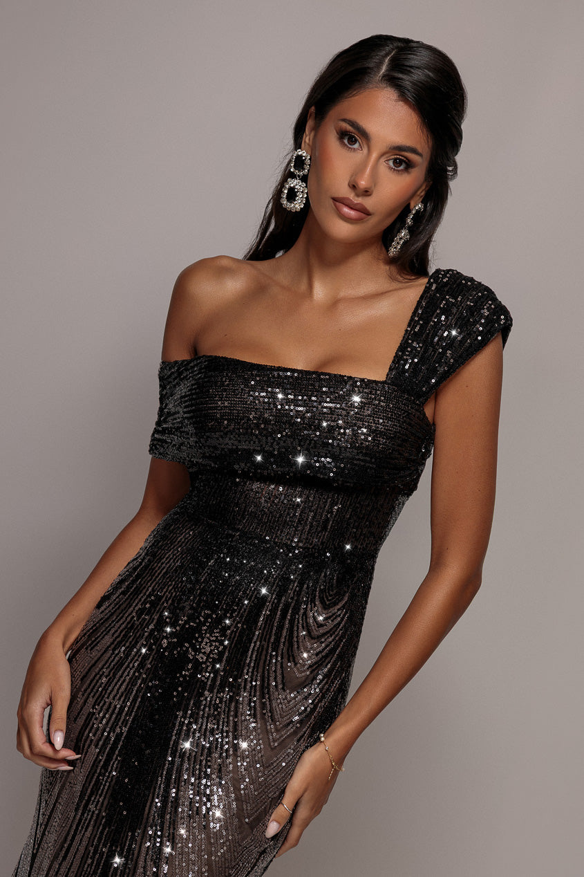 Goddiva Ombre Sequin One Shoulder Bardot Maxi Dress - Black