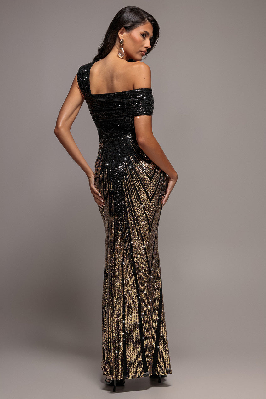Goddiva Ombre Sequin One Shoulder Bardot Maxi Dress - Gold