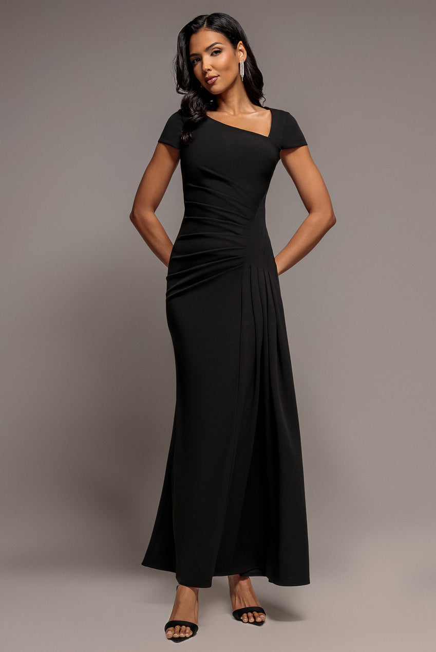 Goddiva Cap Sleeve Pleated Asymmetric Maxi Dress - Black