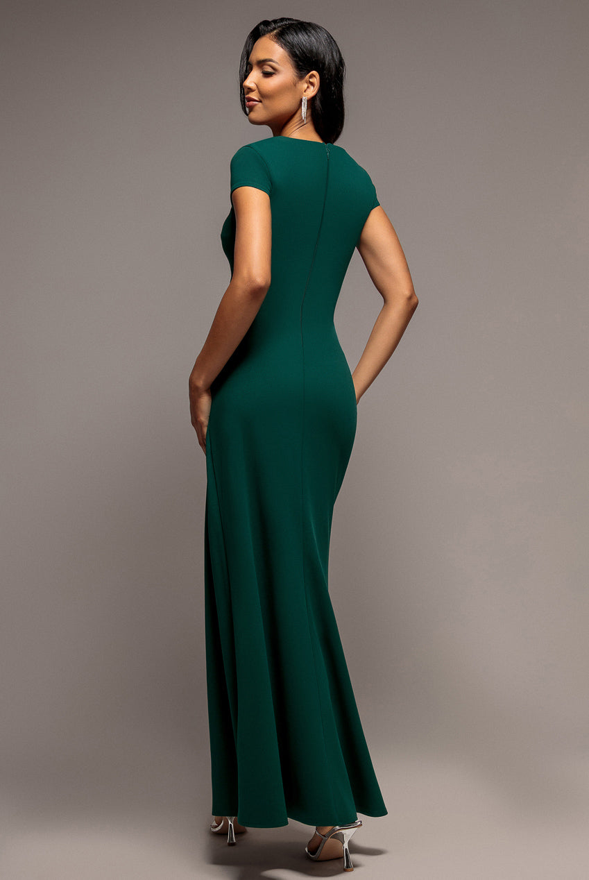 Goddiva Cap Sleeve Pleated Asymmetric Maxi Dress - Emerald Green