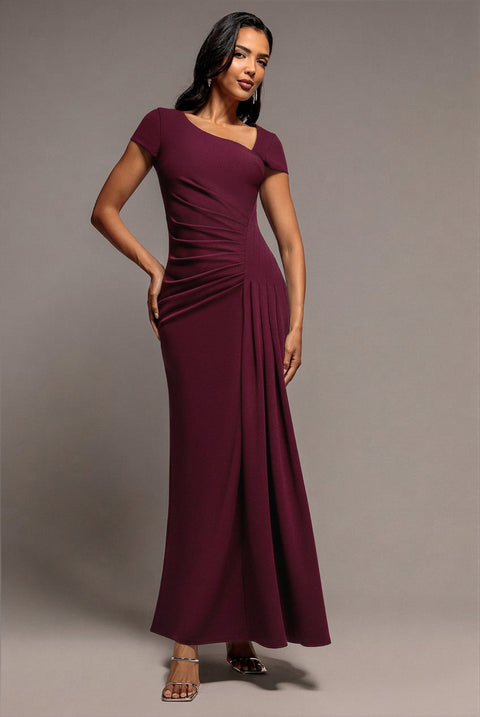 Goddiva Cap Sleeve Pleated Asymmetric Maxi Dress - Plum