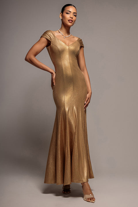 Goddiva Capped Sleeve V Neck Pleated Fit & Flare Maxi Dress - Gold