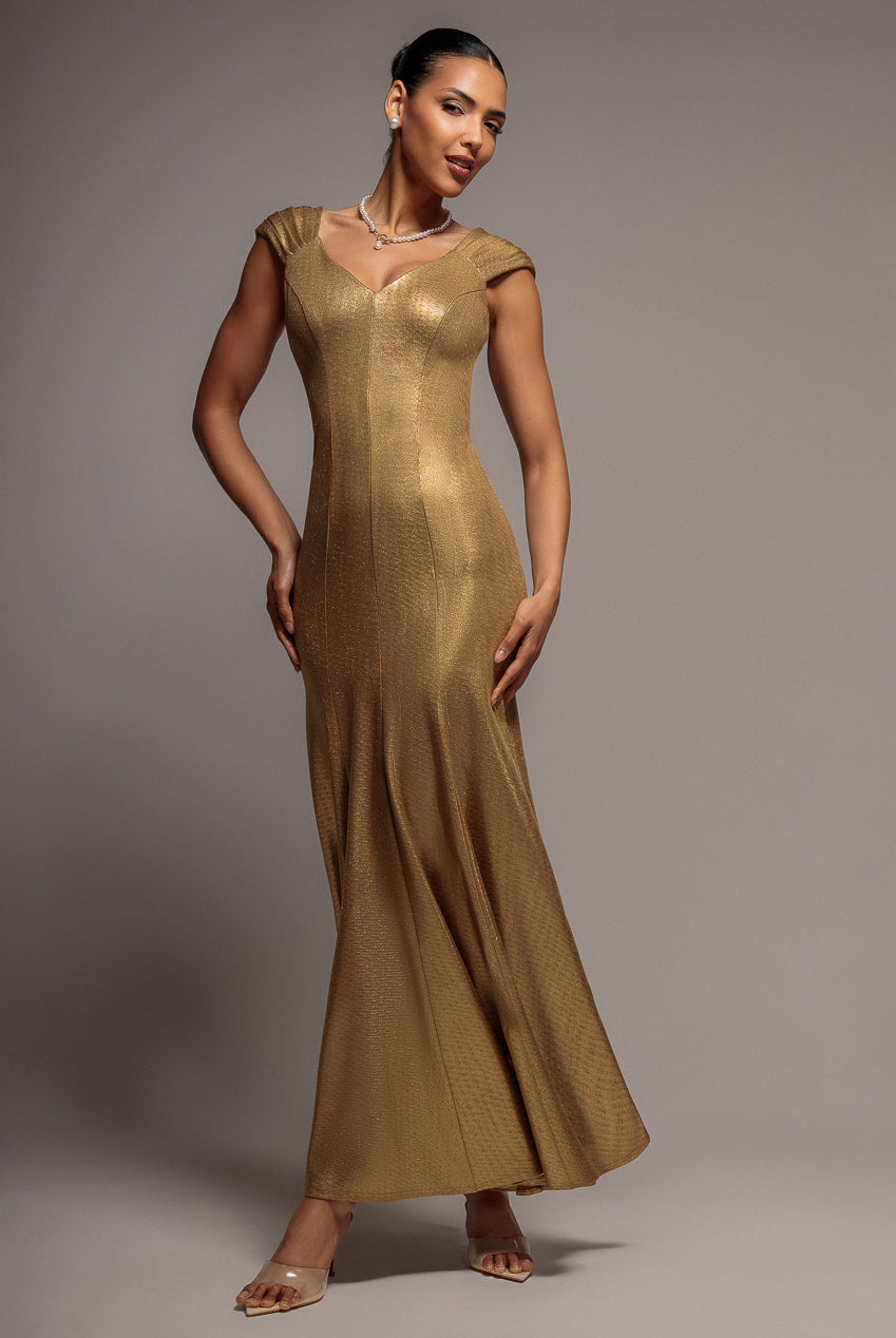 Goddiva Capped Sleeve V Neck Pleated Fit & Flare Maxi Dress - Gold