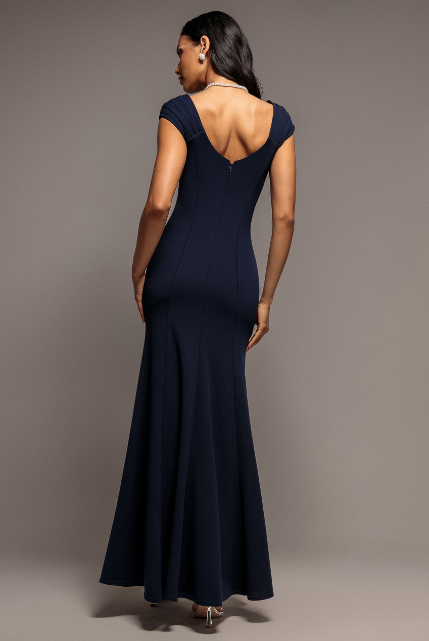 Goddiva Capped Sleeve V Neck Pleated Fit & Flare Maxi Dress - Navy Blue