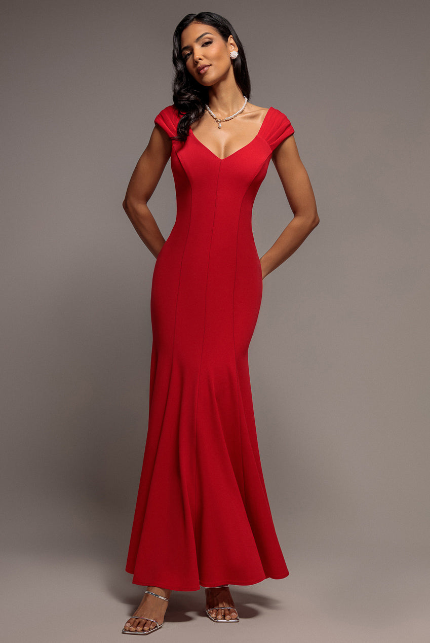 Goddiva Capped Sleeve V Neck Pleated Fit & Flare Maxi Dress - Red
