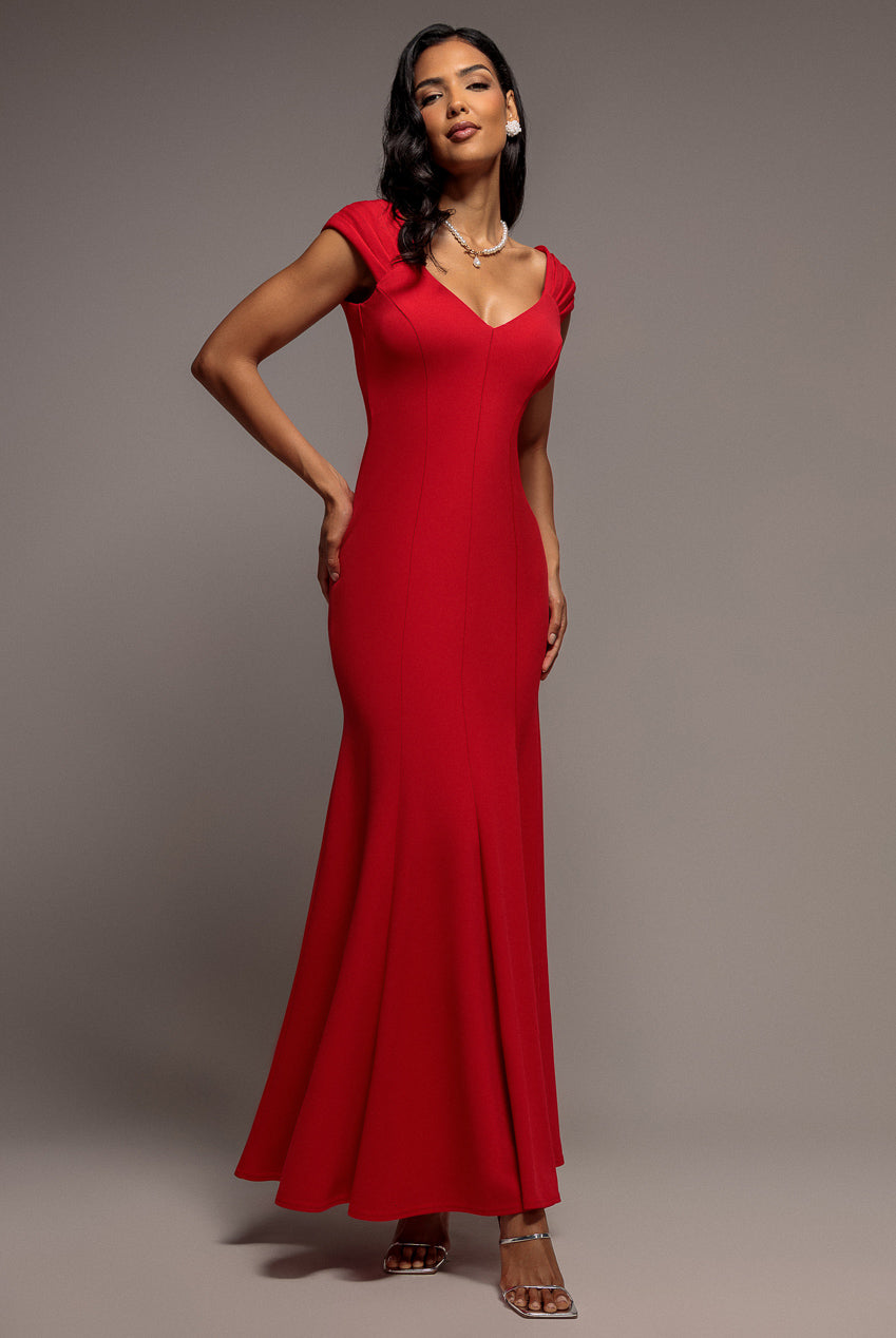 Goddiva Capped Sleeve V Neck Pleated Fit & Flare Maxi Dress - Red