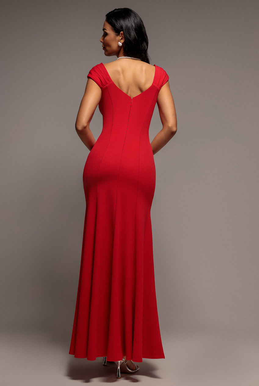 Goddiva Capped Sleeve V Neck Pleated Fit & Flare Maxi Dress - Red