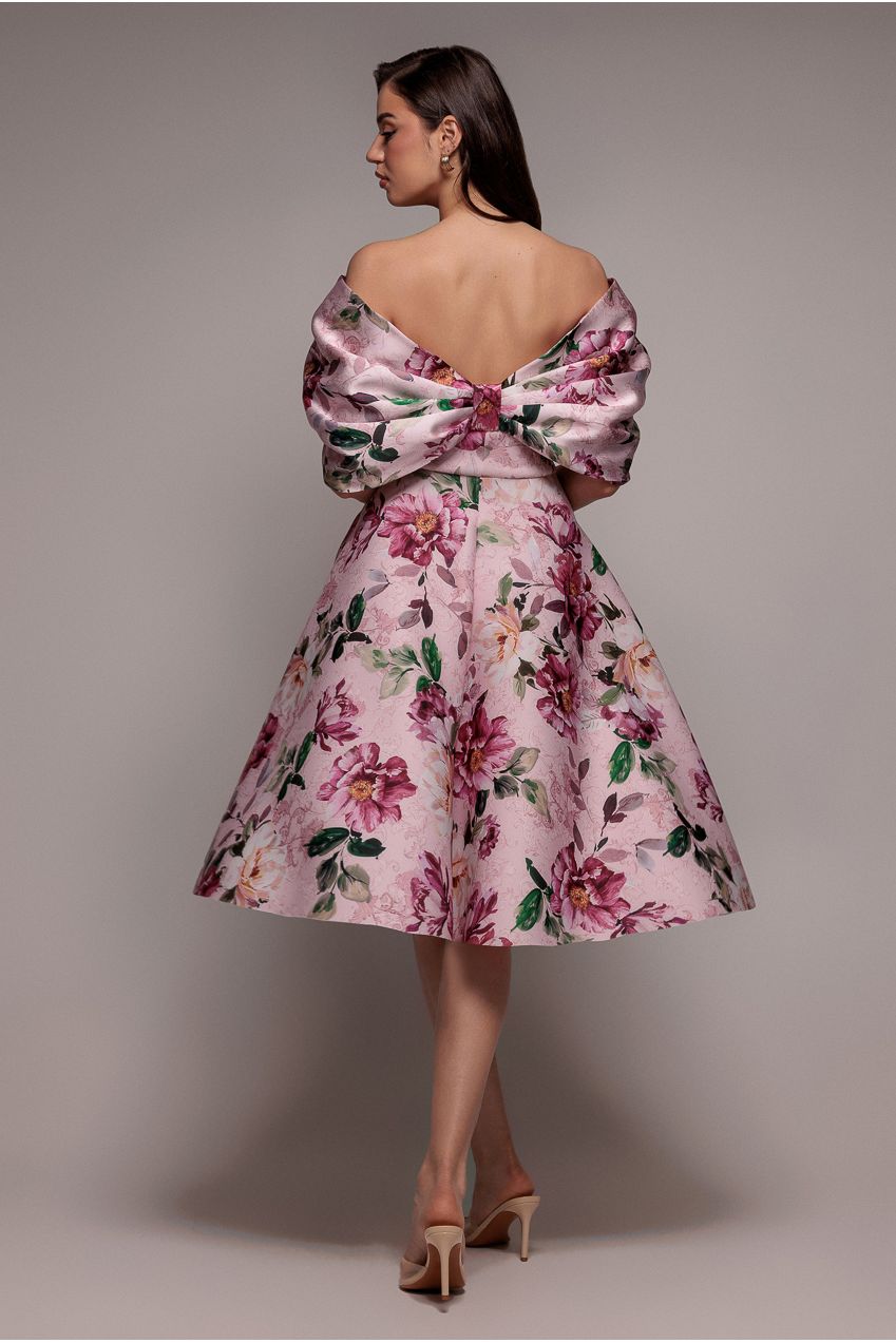 Goddiva Off Shoulder Floral Bow Back A Line Midi Dress - Blush Pink