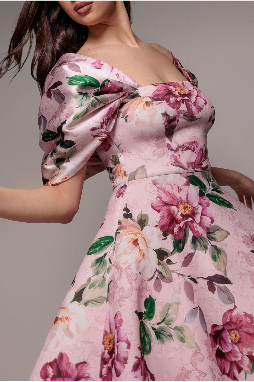 Goddiva Off Shoulder Floral Bow Back A Line Midi Dress - Blush Pink