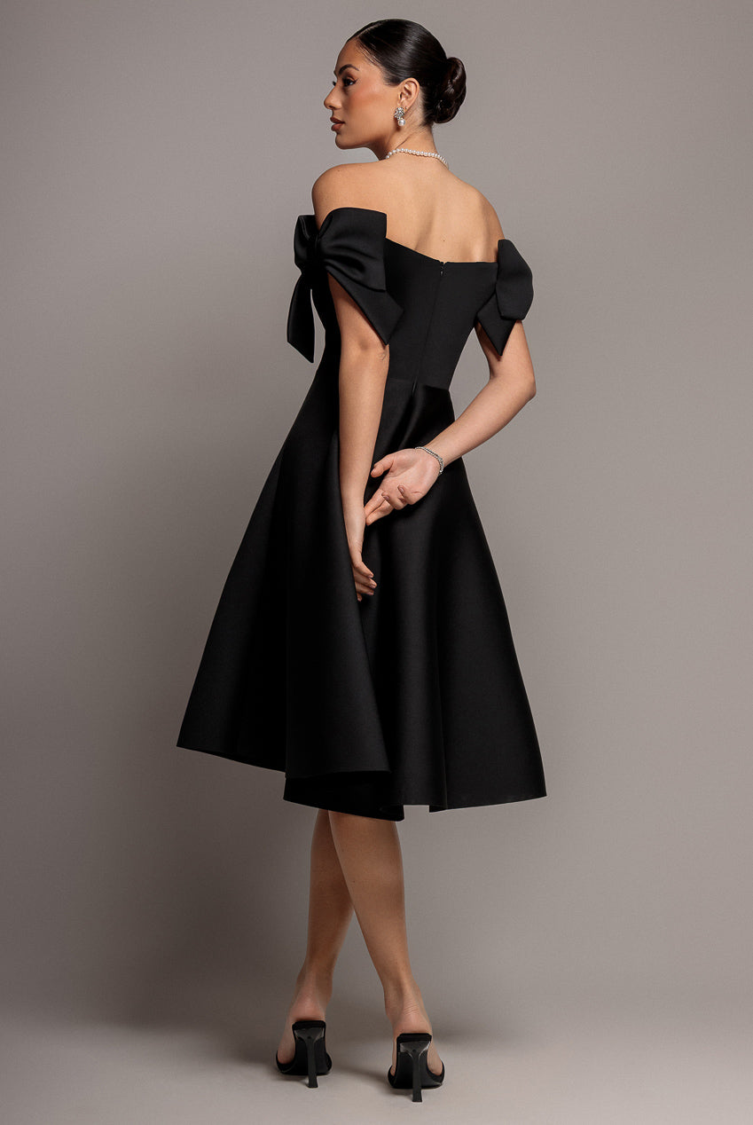 Goddiva Bardot Plunge Neck Bow Sleeve A Line Midi Dress - Black