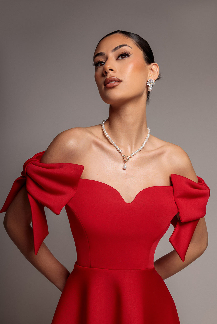 Goddiva Bardot Plunge Neck Bow Sleeve A Line Midi Dress - Red