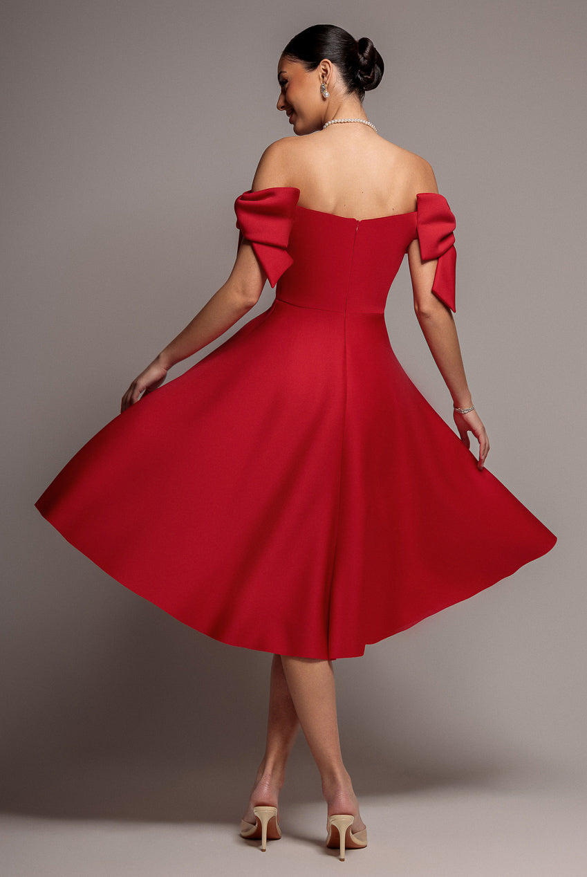 Goddiva Bardot Plunge Neck Bow Sleeve A Line Midi Dress - Red