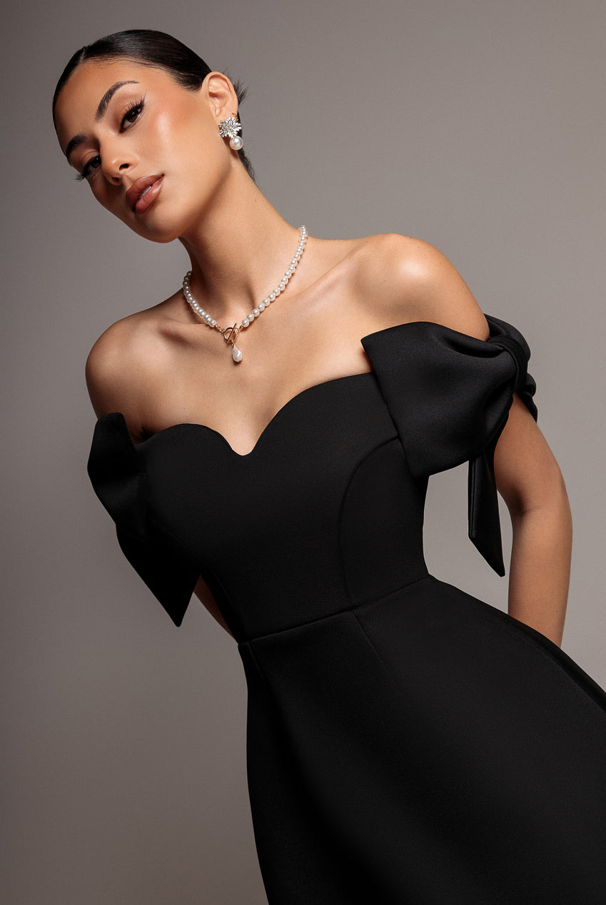 Goddiva Bardot Plunge Neck Bow Sleeve Skater Mini Dress - Black