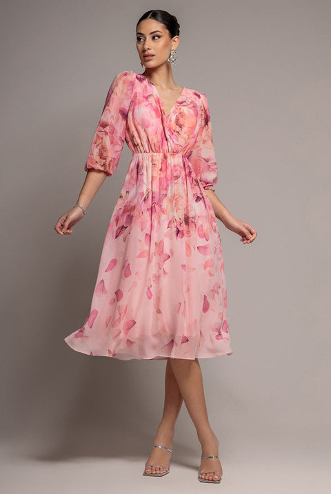 Goddiva Floral Print Wrap A Line Midi Dress - Blush Pink