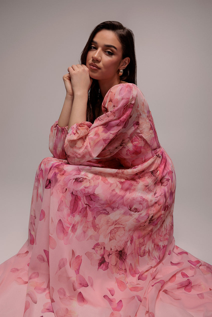 Goddiva Floral Print Shirred Back A Line Maxi Dress - Blush Pink