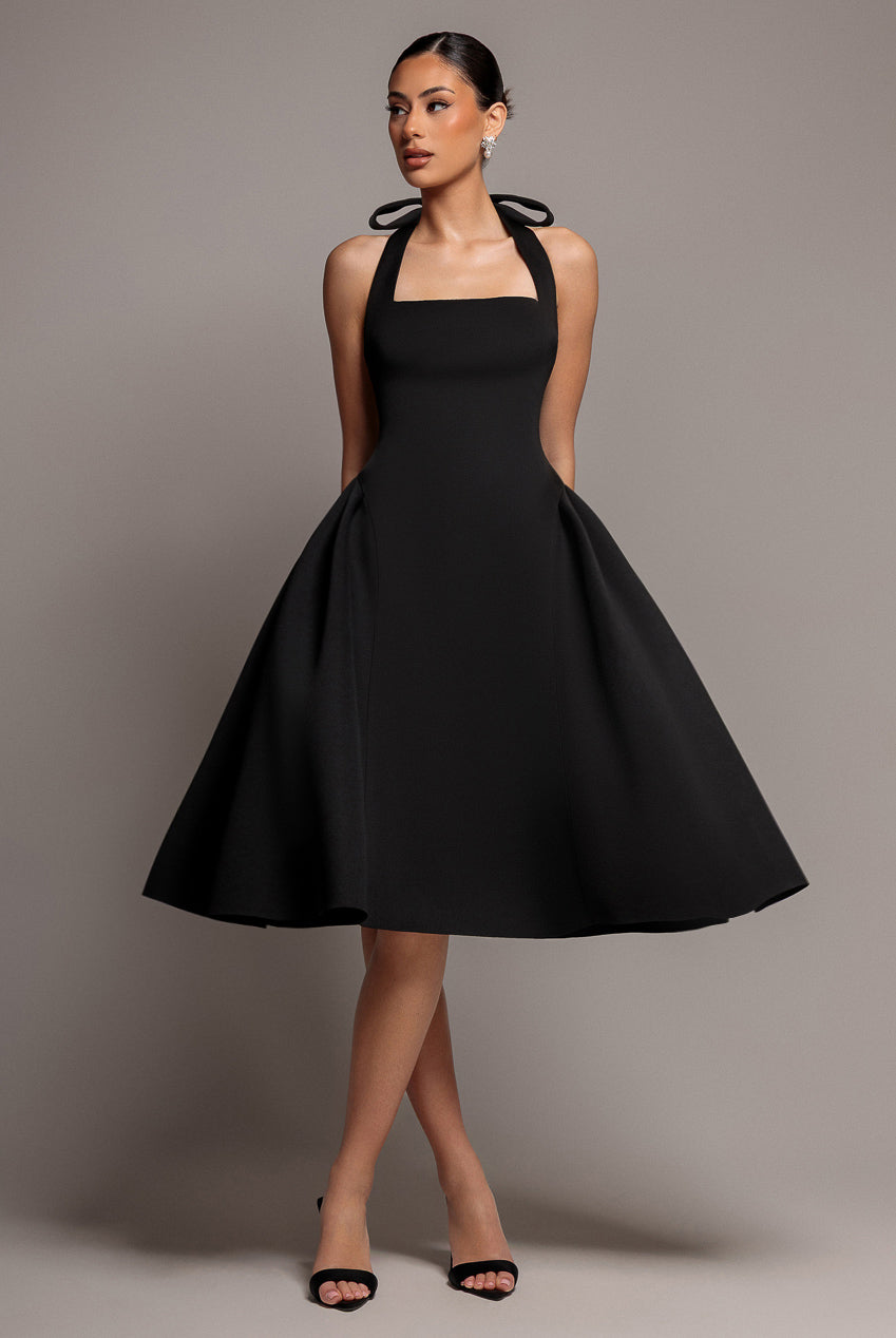 Goddiva Corset Fit And Flare Halter Neck Midi Dress - Black