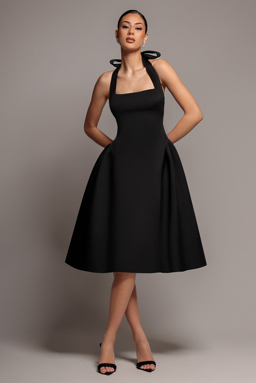 Goddiva Corset Fit And Flare Halter Neck Midi Dress - Black