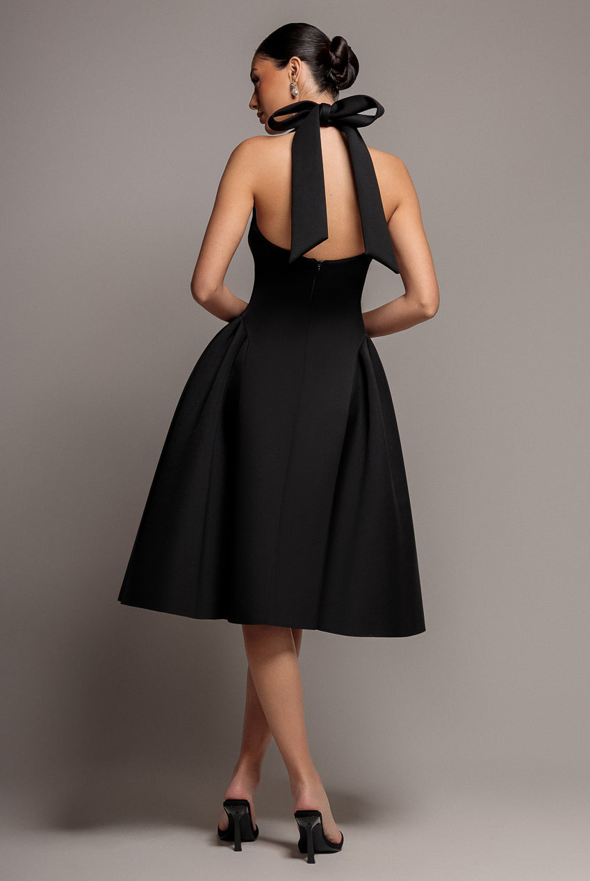 Goddiva Corset Fit And Flare Halter Neck Midi Dress - Black