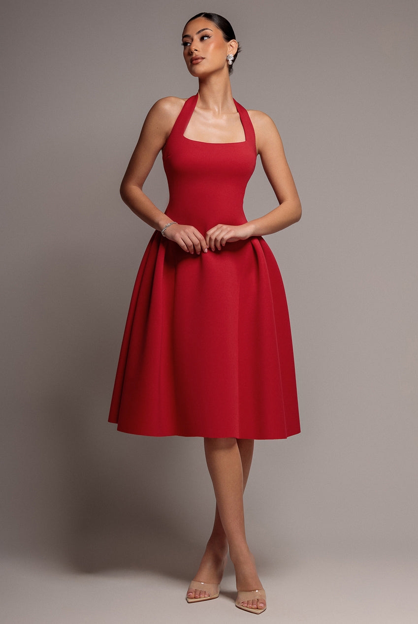 Goddiva Corset Fit And Flare Halter Neck Midi Dress - Red