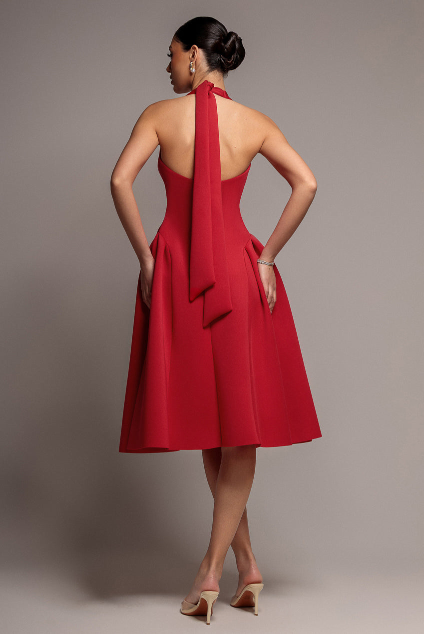 Goddiva Corset Fit And Flare Halter Neck Midi Dress - Red