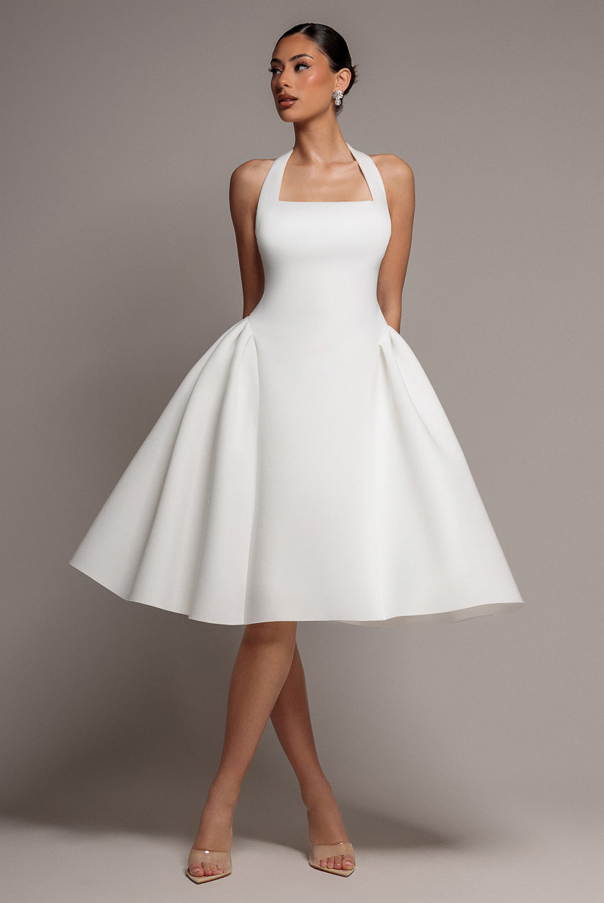 Goddiva Corset Fit And Flare Halter Neck Midi Dress - White