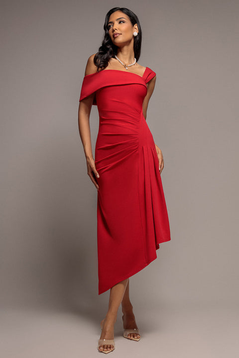 Goddiva Off Shoulder Pleated Waist Asymmetric Midaxi Dress - Red