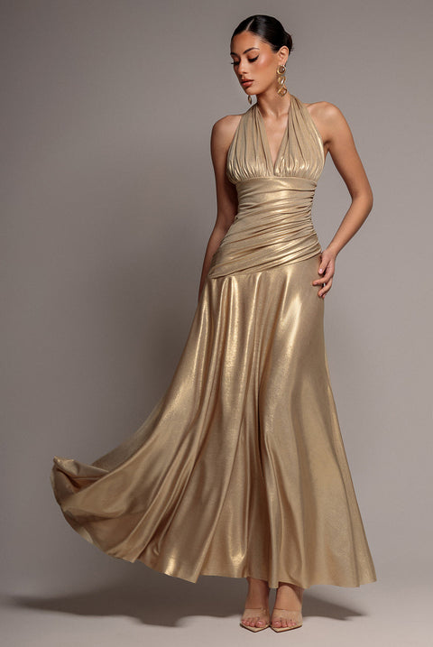 Goddiva Halterneck Empire Waist Gathered Sunrise Foil Maxi Dress - Gold