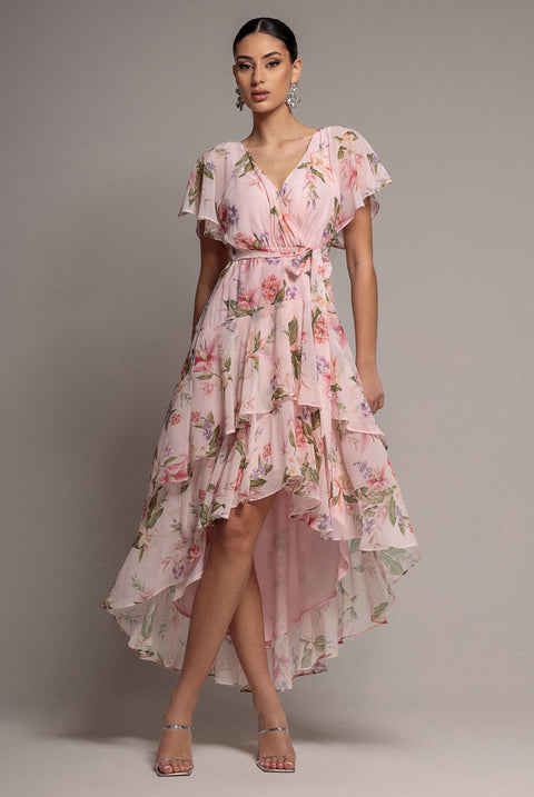 Goddiva Flutter Sleeve Chiffon Midaxi Wrap Dress - Blush Pink