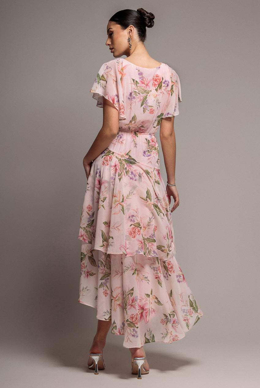 Goddiva Flutter Sleeve Chiffon Midaxi Wrap Dress - Blush Pink