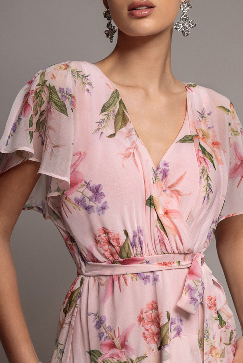 Goddiva Flutter Sleeve Chiffon Midaxi Wrap Dress - Blush Pink
