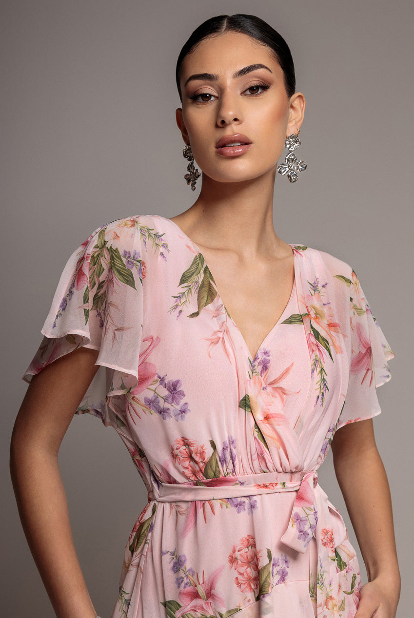 Goddiva Flutter Sleeve Chiffon Midaxi Wrap Dress - Blush Pink