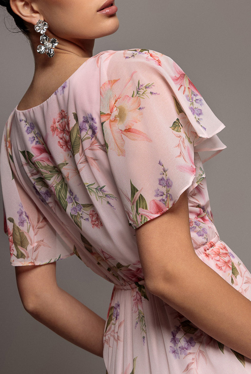 Goddiva Flutter Sleeve Chiffon Midaxi Wrap Dress - Blush Pink