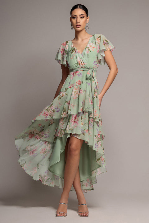 Goddiva Flutter Sleeve Chiffon Midaxi Wrap Dress - Sage Green