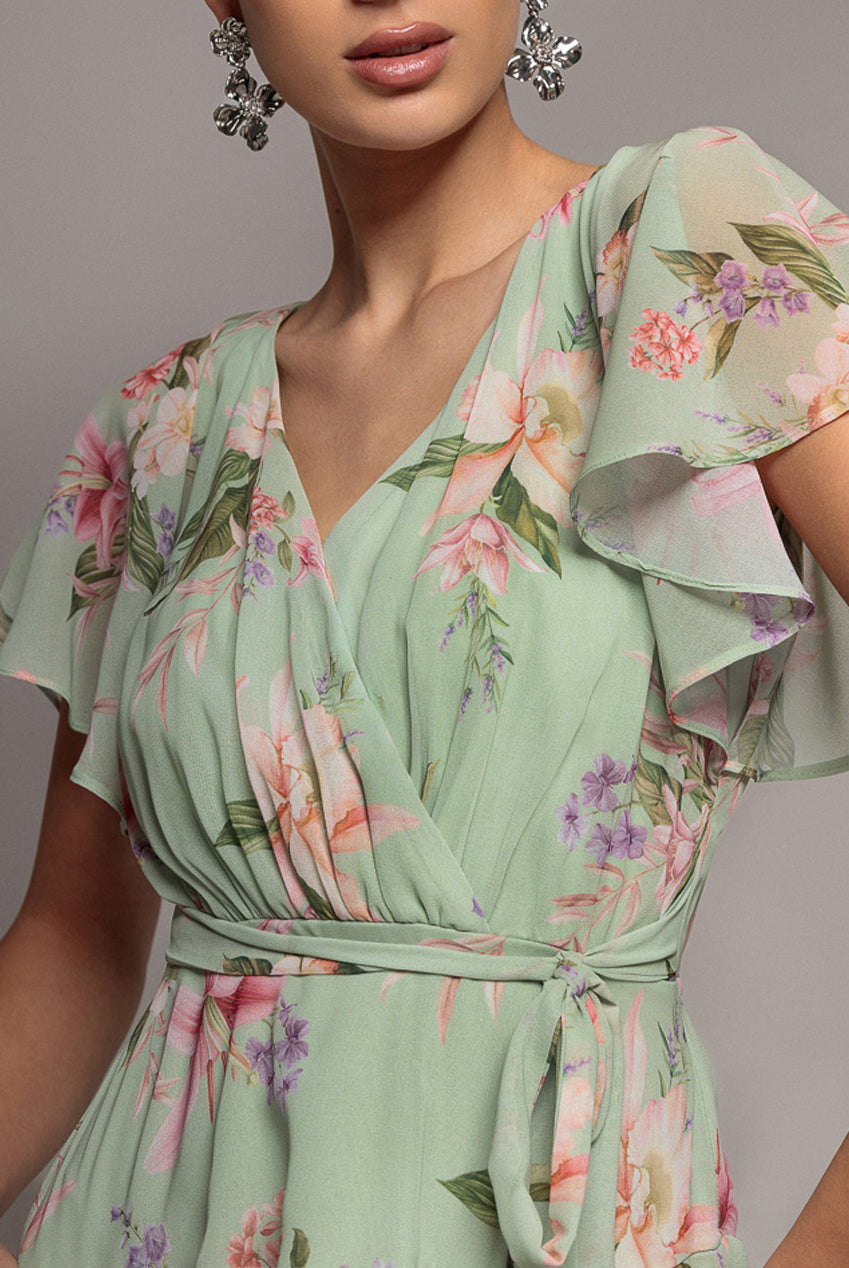 Goddiva Flutter Sleeve Chiffon Midaxi Wrap Dress - Sage Green