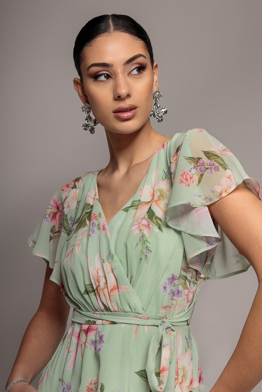 Goddiva Flutter Sleeve Chiffon Midaxi Wrap Dress - Sage Green