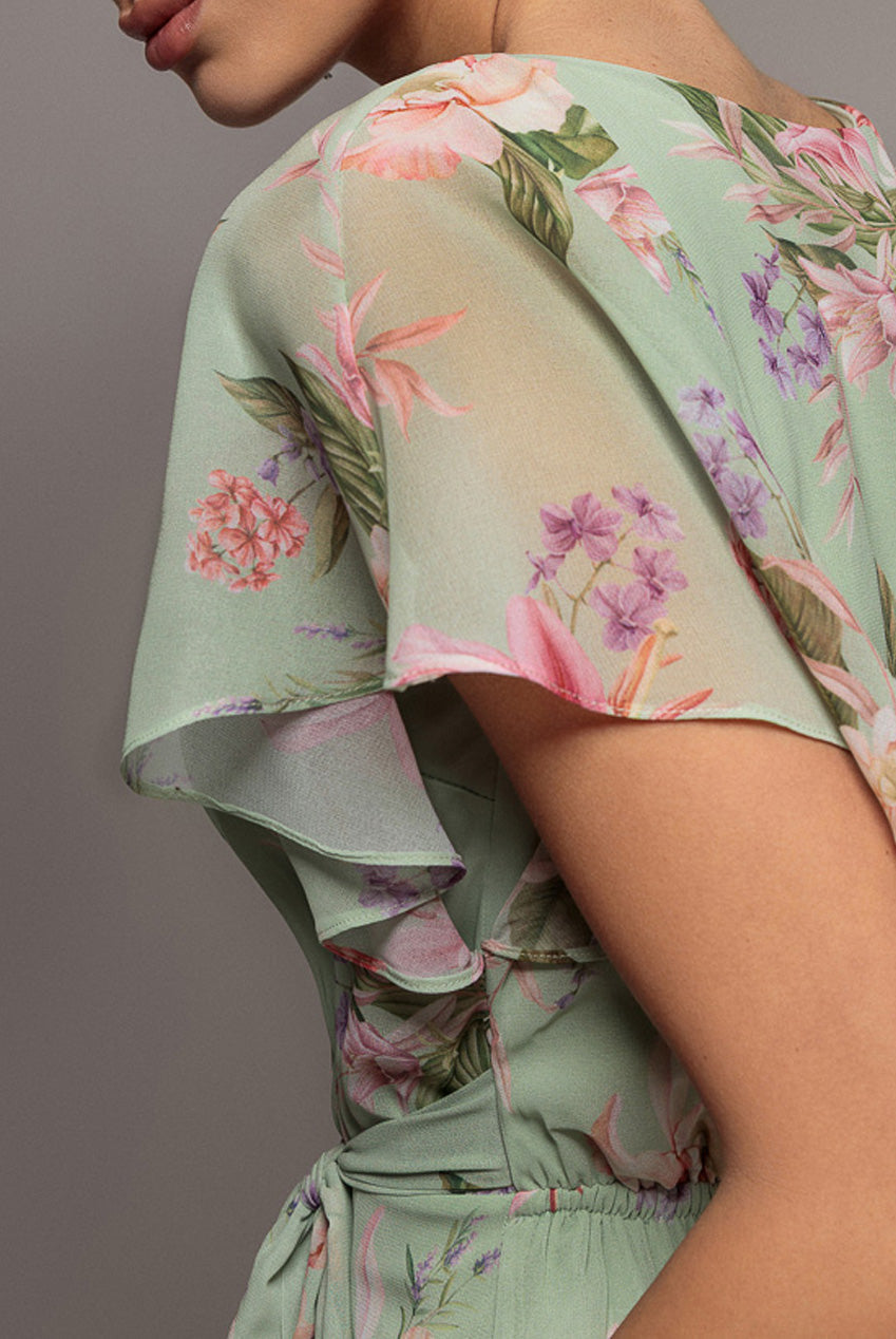 Goddiva Flutter Sleeve Chiffon Midaxi Wrap Dress - Sage Green