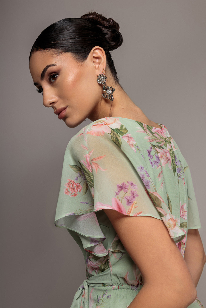 Goddiva Flutter Sleeve Chiffon Midaxi Wrap Dress - Sage Green