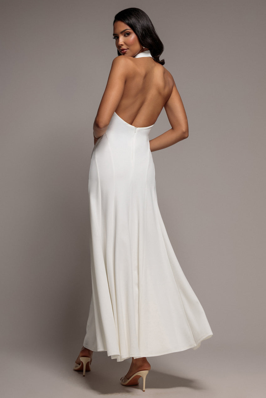 Goddiva Halterneck Cowl Neck Backless Scuba Crepe Maxi Dress - White