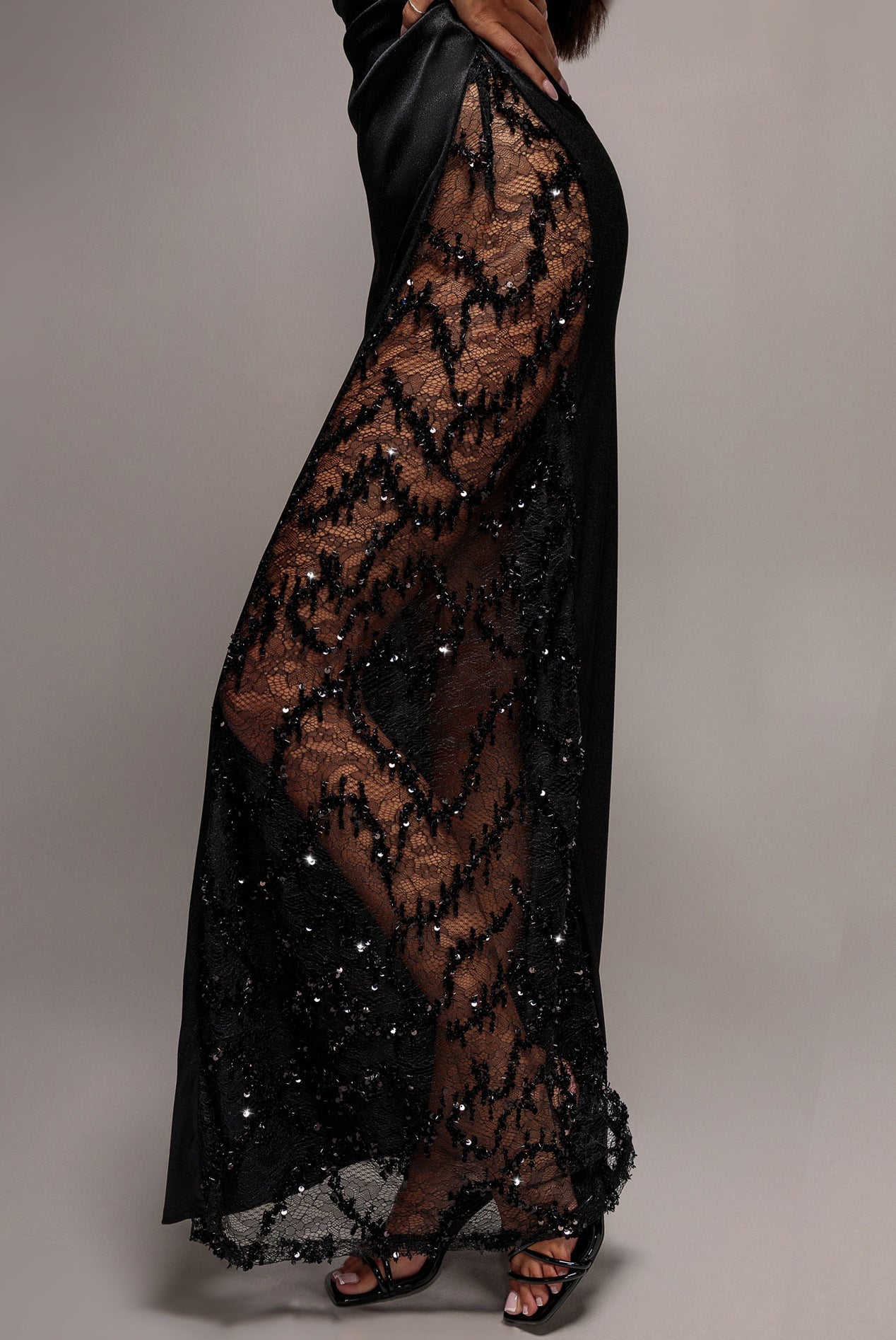 Goddiva Lace Inserted Asymmetric One Shoulder Satin Maxi Dress - Black