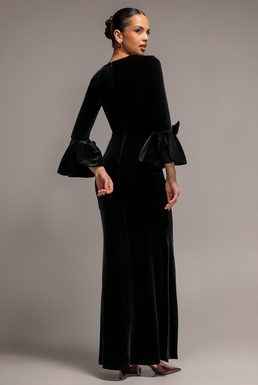 Goddiva Petal Bow Sleeve Frill Velvet Maxi Dress - Black
