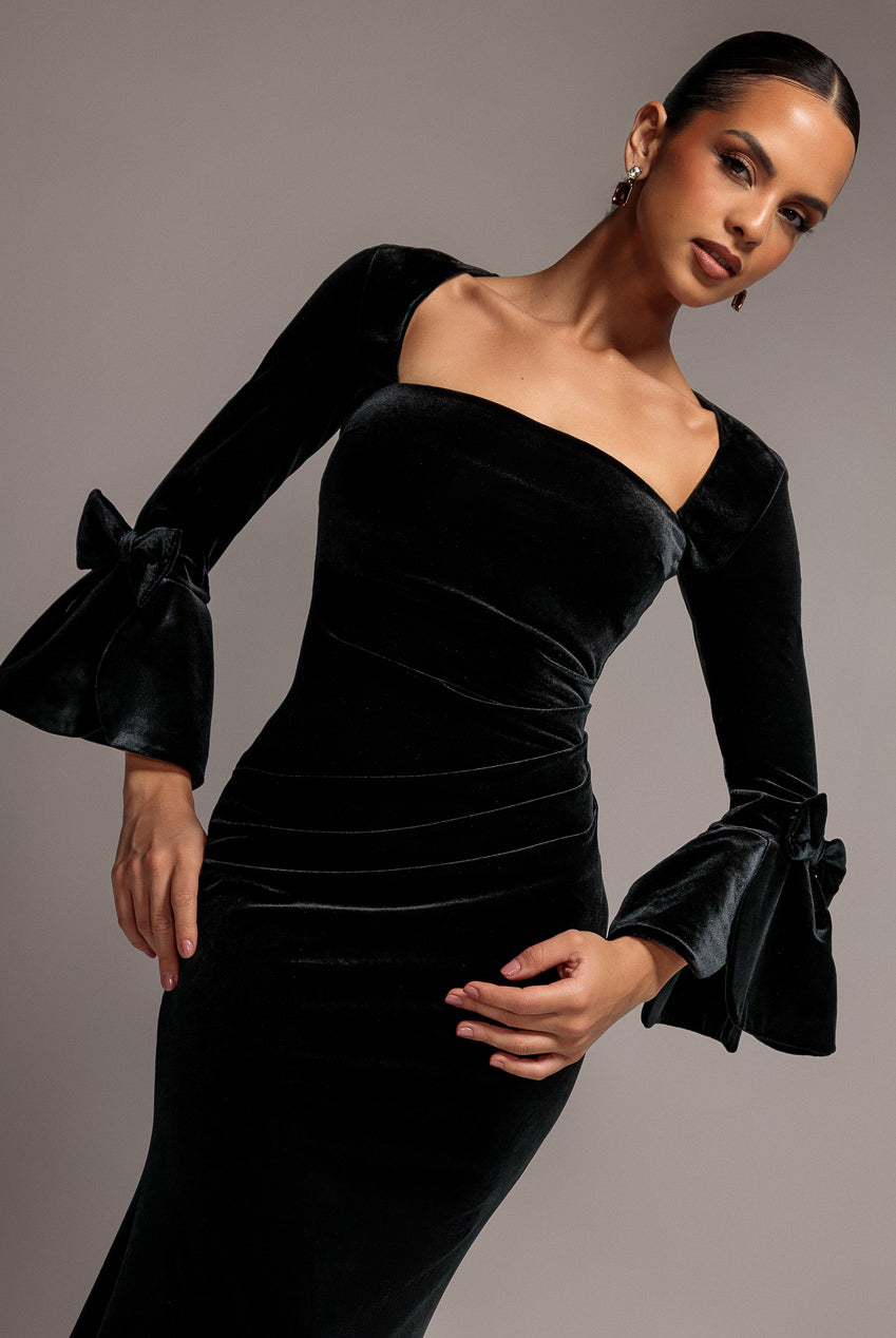 Goddiva Petal Bow Sleeve Frill Velvet Maxi Dress - Black